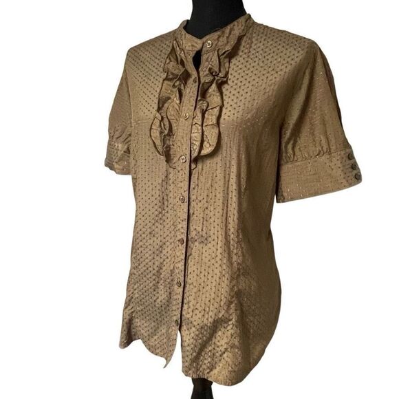 Apt 9 Bronze Clip Dot Ruffle Placket Puff Sleeve Top - Picture 2 of 7